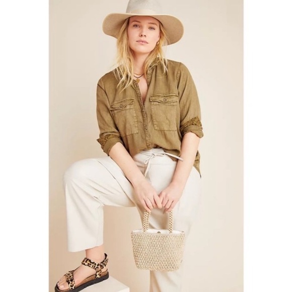 Anthro Pilcro Olive Cargo Pocket Buttondown Shirt Top - Picture 3 of 13